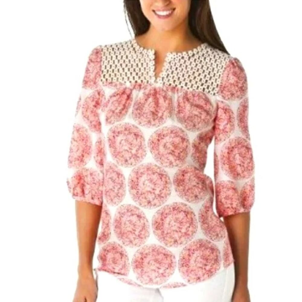 Calypso St. Barth Target Silk Blouse Crochet Pink Medallion Women Medium